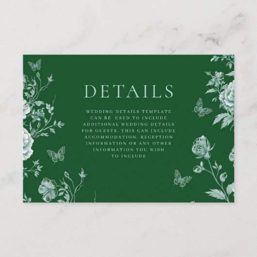 Betoverde Emerald Green Wedding Details Informatiekaartje (Voorkant)