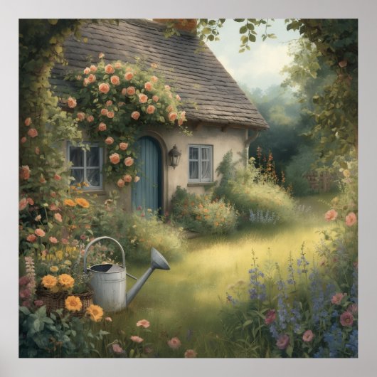 Betoverde Engelse Cottage Tuin met Rozen Poster (Voorkant)