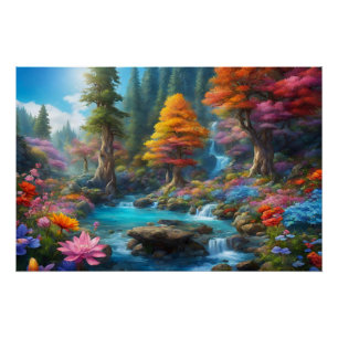 Betoverde Fantasy Forest, waterval, bloemen Perfect Poster