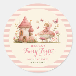 Betoverde Fee Eerste Verjaardag Roze Gestreepte Ronde Sticker