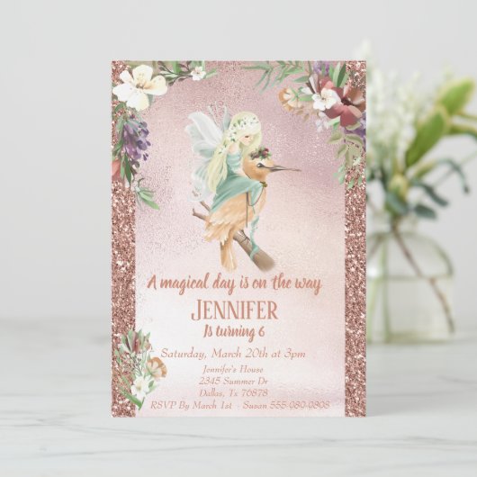 Betoverde Fee op Vogel Roze Goud Mooie Kaart (Staand voorkant)