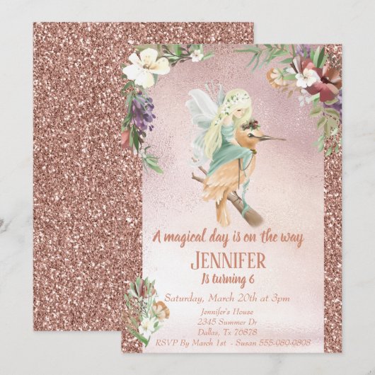 Betoverde Fee op Vogel Roze Goud Mooie Kaart (Voorkant / Achterkant)