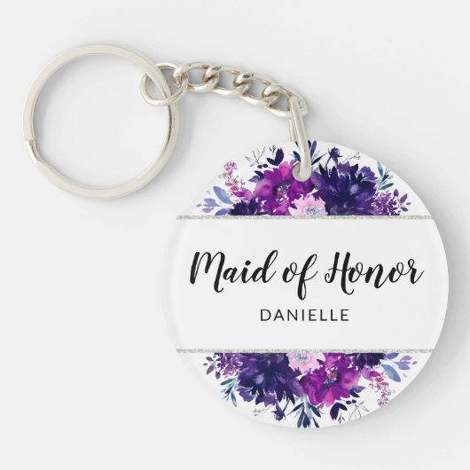 Betoverde Floral Paarse Maid of Honor Monogrammed Sleutelhanger (Voorkant)