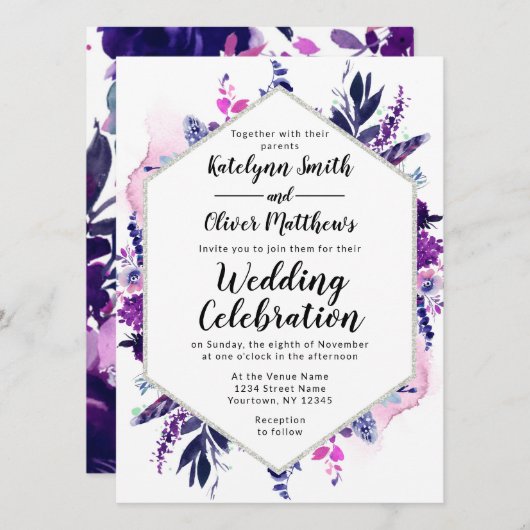 Betoverde Floral Violet Waterverf Hexagon Bruiloft Kaart (Voorkant / Achterkant)