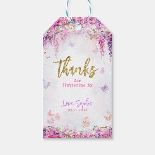 Betoverde Floral Wisteria Glitter Vlinder Cadeaulabel (Voorkant)