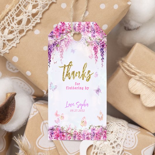Betoverde Floral Wisteria Glitter Vlinder Cadeaulabel