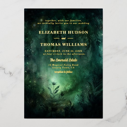 Betoverde Forest Emerald Goud Chique Elegant Bruil Folie Uitnodiging (Voorkant)