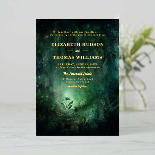 Betoverde Forest Emerald Goud Chique Elegant Bruil Folie Uitnodiging (Staand Voorkant)