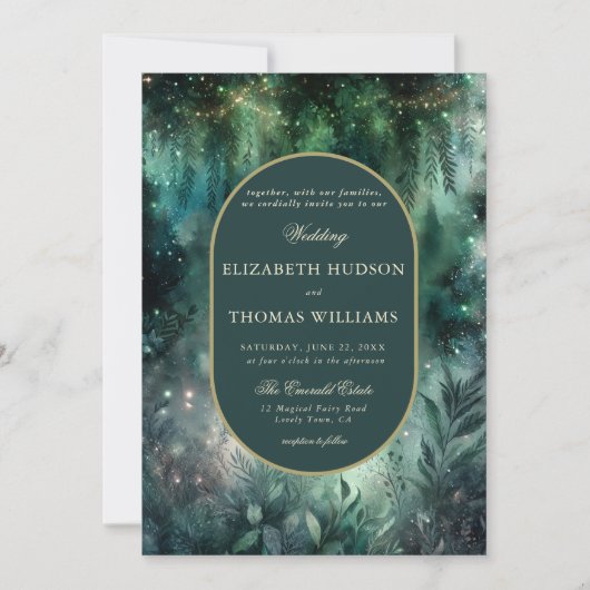 Betoverde Forest Faux Gold Ovaal Lijst Bruiloft Kaart (Voorkant)