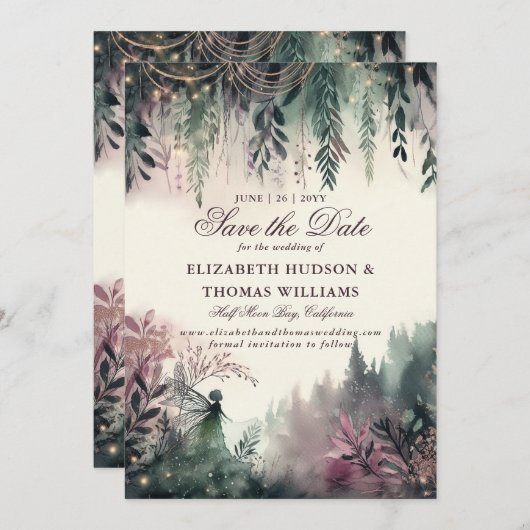 Betoverde Forest Mauve Fairy Bruiloft Save the Dat Kaart (Voorkant / Achterkant)
