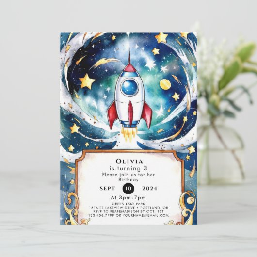 Betoverde Galaxy Rocket Verjaardag Kaart (Staand voorkant)