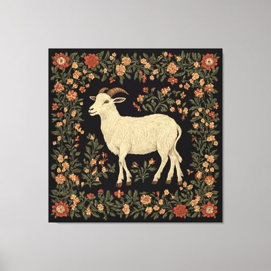 Betoverde Geit & Bloemen Folk Art Design Canvas Afdruk (Voorkant)