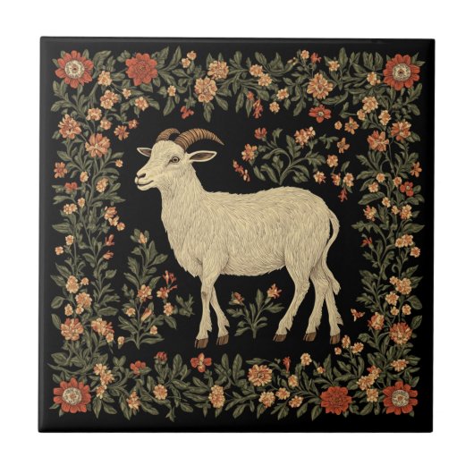 Betoverde Geit & Bloemen Folk Art Design Tegeltje (Voorkant)