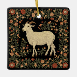 Betoverde Geit & Bloemrijke Folk Art Ontwerp Keramisch Ornament