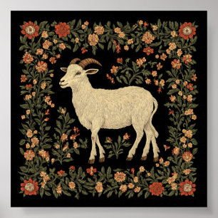 Betoverde Geit & Bloemrijke Folk Art Ontwerp Poster