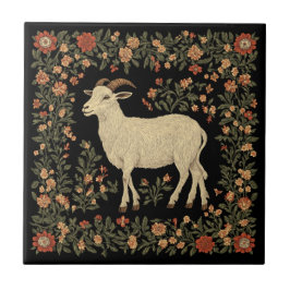 Betoverde Geit & Bloemrijke Folk Art Ontwerp Tegeltje