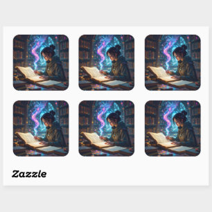 Betoverde geleerde in een mystieke bibliotheek vierkante sticker