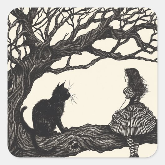 Betoverde Gesprekken: Alice & de Cheshire Cat Vierkante Sticker (Voorkant)