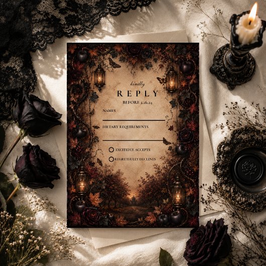 Betoverde Goth-herfstbruiloft RSVP Kaartje