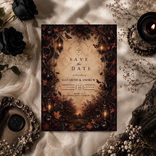 Betoverde Goth-herfstbruiloft Save The Date