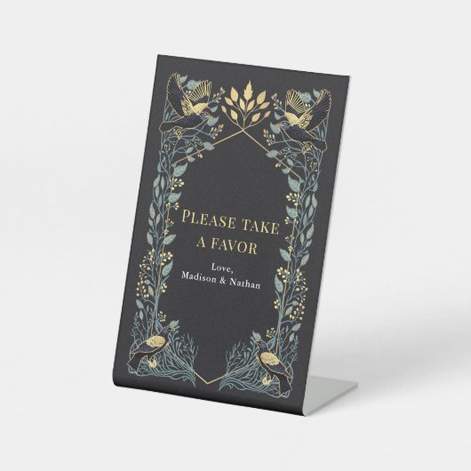 Betoverde Gothic Raven Bloemen bruiloft gunst Reclamebord Met Voetstuk (Voorkant)