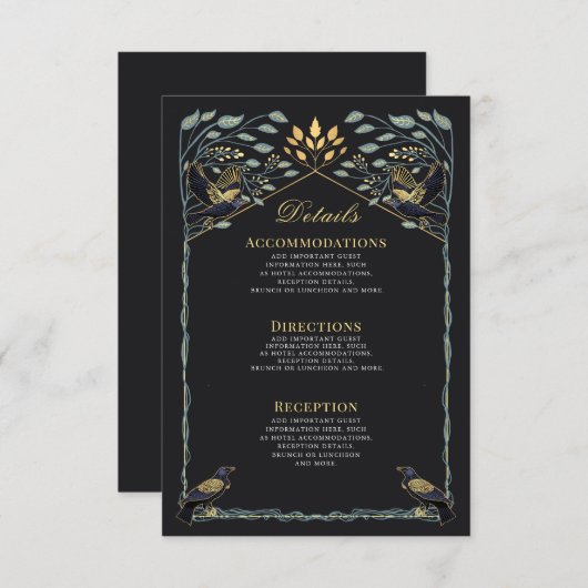 Betoverde Gotische Raven Bloemen bruiloft Details Informatiekaartje (Voorkant / Achterkant)