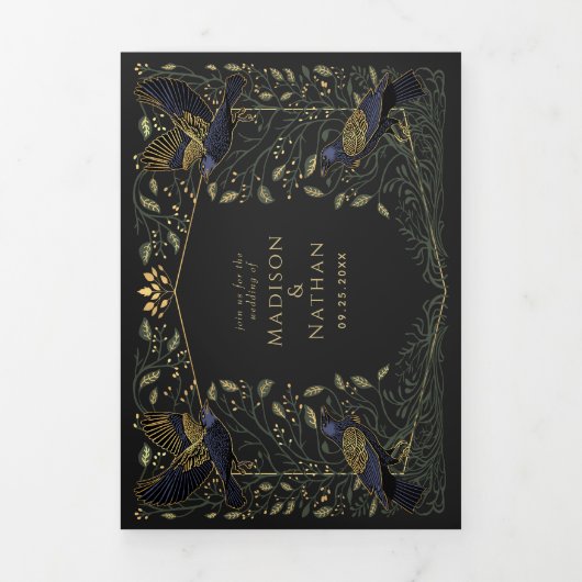 Betoverde Gotische Raven Bloemen Bruiloft Groen Drieluik Uitnodiging (Cover)