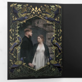 Betoverde Gotische Raven Bloemen Bruiloft Groen Drieluik Uitnodiging (Binnenzijde eerst)