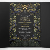 Betoverde Gotische Raven Bloemen Bruiloft Groen Drieluik Uitnodiging (Binnenkant midden)