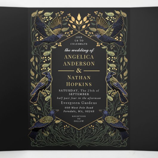 Betoverde Gotische Raven Bloemen Bruiloft Groen Drieluik Uitnodiging (Binnenkant midden)