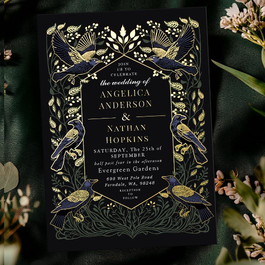 Betoverde Gotische Raven Bloemen Groene Bruiloft Folie Uitnodiging