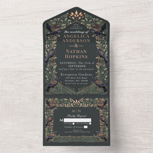 Betoverde Gotische Raven Bloemen Trouwwijze All In One Uitnodiging (Binnen)