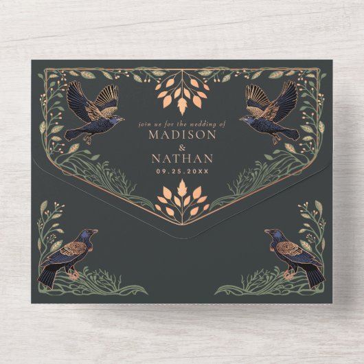 Betoverde Gotische Raven Bloemen Trouwwijze All In One Uitnodiging (Achterkant)