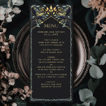Betoverde Gotische Raven Bruiloft Flat Menu<br><div class="desc">Elegant en gotisch trouwontwerp met raven en gebladerte. Dit ontwerp heeft een zwarte achtergrond,  met donkerblauwe raven en gedempte groene bladeren met gouden accenten. Overeenkomende items in onze winkel voor een compleet feestthema.</div>