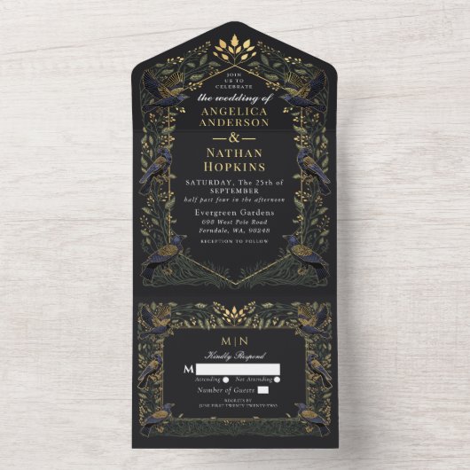 Betoverde Gotische Raven Donkergroen Bloemen Huwel All In One Uitnodiging (Binnen)