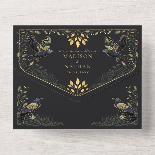 Betoverde Gotische Raven Donkergroen Bloemen Huwel All In One Uitnodiging (Achterkant)