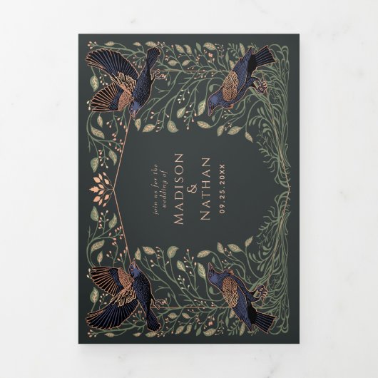 Betoverde Gotische Raven Floral Roos Gold Wedding Drieluik Uitnodiging (Cover)
