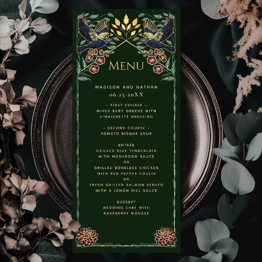 Betoverde Gotische Raven Snapdragon Dahlia Wedding Menu