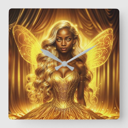 Betoverde gouden fee elegante sprankelende vleugel vierkante klok (Voorkant)