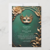 Betoverde groen en goud Masquerade Bruiloft Kaart (Voorkant)