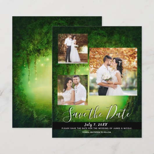 Betoverde groene bos bruiloft foto save the date (Voorkant / Achterkant)