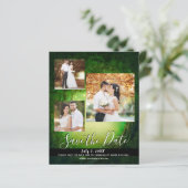 Betoverde groene bos bruiloft foto save the date (Staand voorkant)