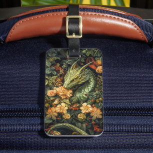Betoverde Groene Draak met Elegante Bloemenreeks Bagagelabel
