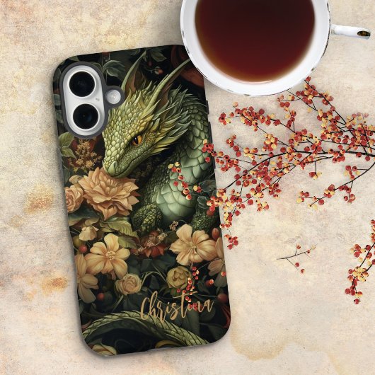 Betoverde Groene Draak met Elegante Bloemenreeks Case-Mate iPhone Case