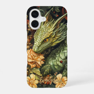 Betoverde Groene Draak met Elegante Bloemenschikki iPhone 16 Hoesje