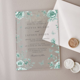 Betoverde groene salie bloemenbruiloft acryl uitnodigingen