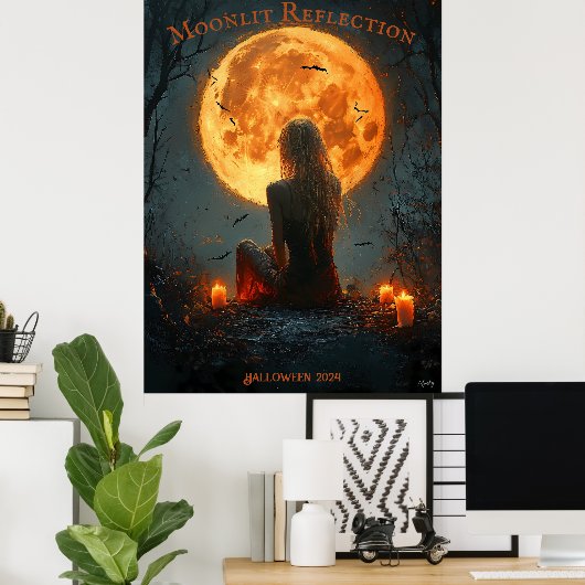 Betoverde Halloween met volle maan, kaarsen en vle Poster (Thuiskantoor)