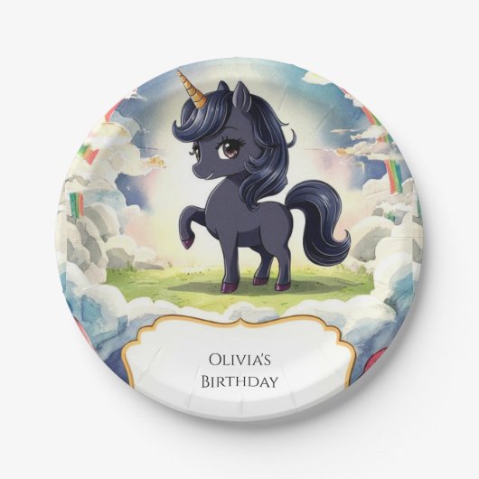 Betoverde Happy Black Eenhoorn Verjaardag Papieren Bordje (Voorkant)