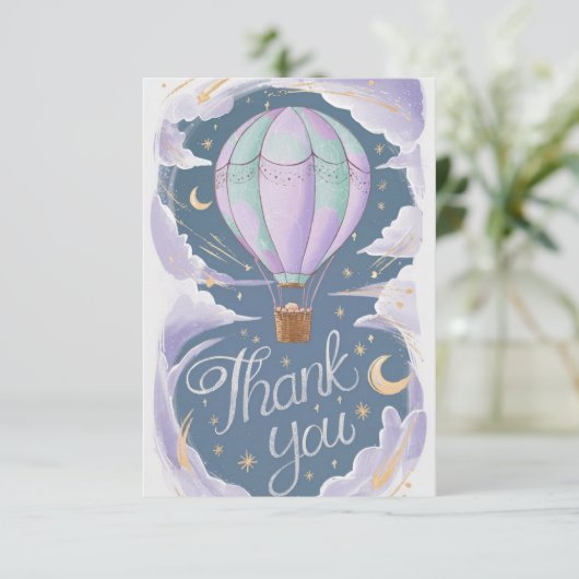 Betoverde hemelse heteluchtballon bedankkaart (Staand voorkant)