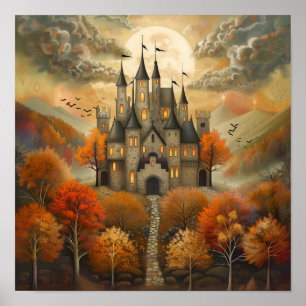 Betoverde Herfst Kasteel bij Nacht AI Art Poster